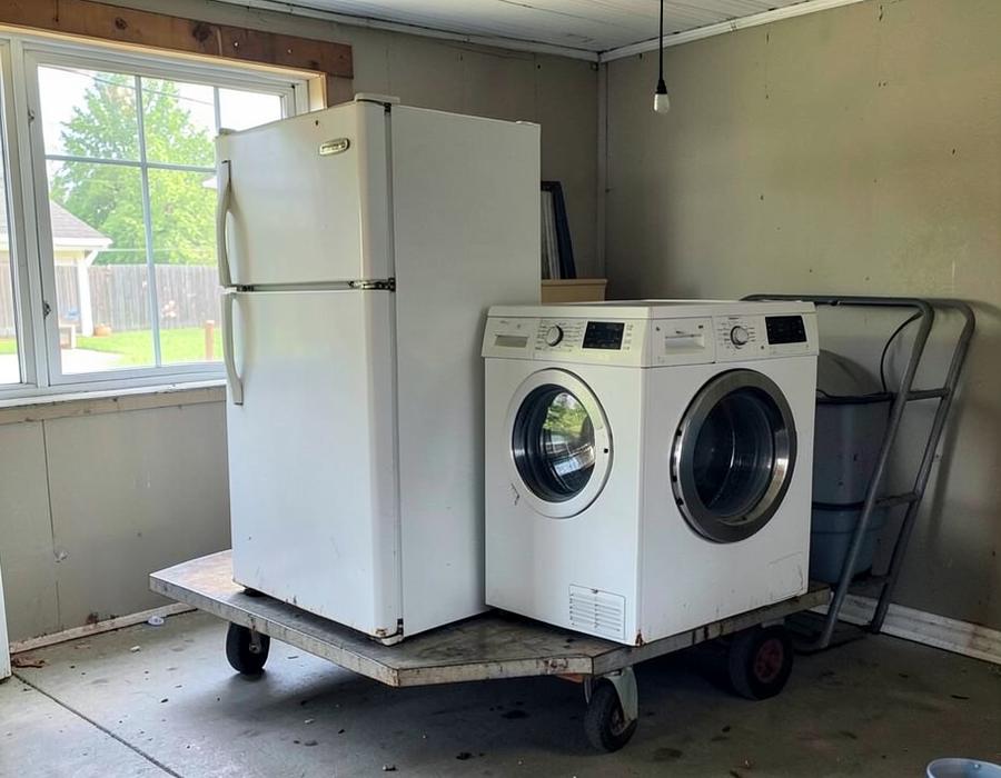 Old refrigerator and washing machine staged in a garage for removal