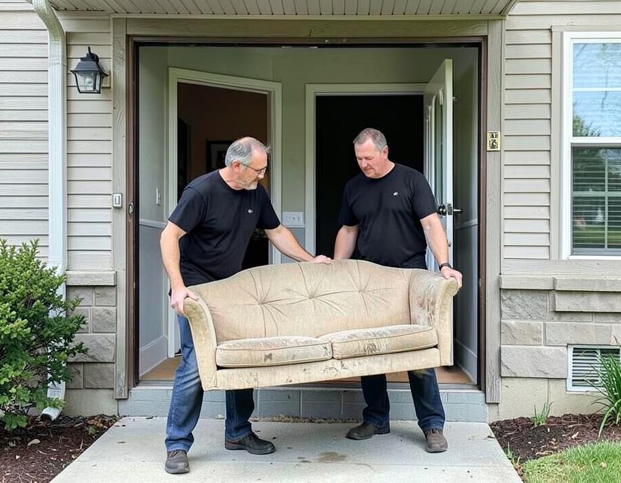Two crew members carrying an old sofa out of a suburban home
