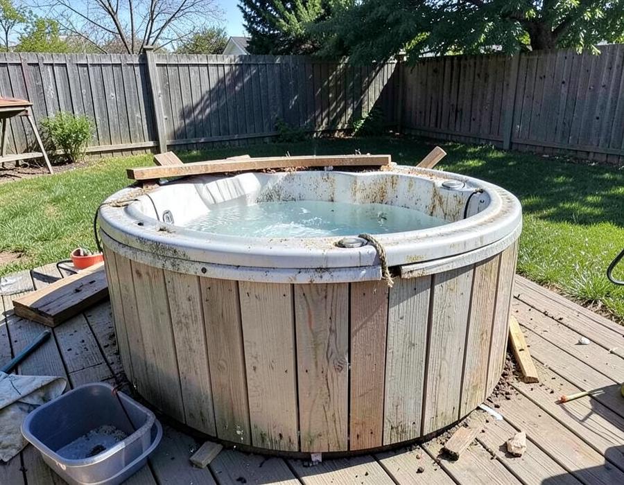 Old backyard hot tub being dismantled for removal