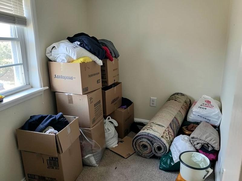 Household furniture and boxes staged in a driveway for junk removal pickup