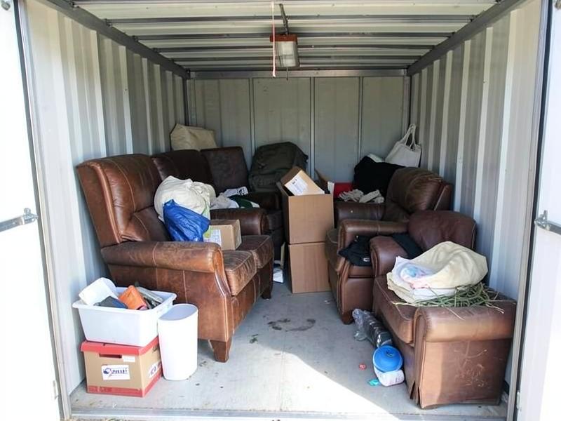 Open storage unit packed with old furniture and boxes