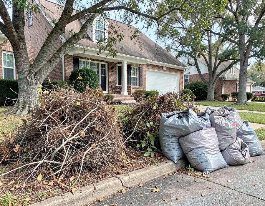 Brush piles and bagged yard waste stacked at a suburban curb