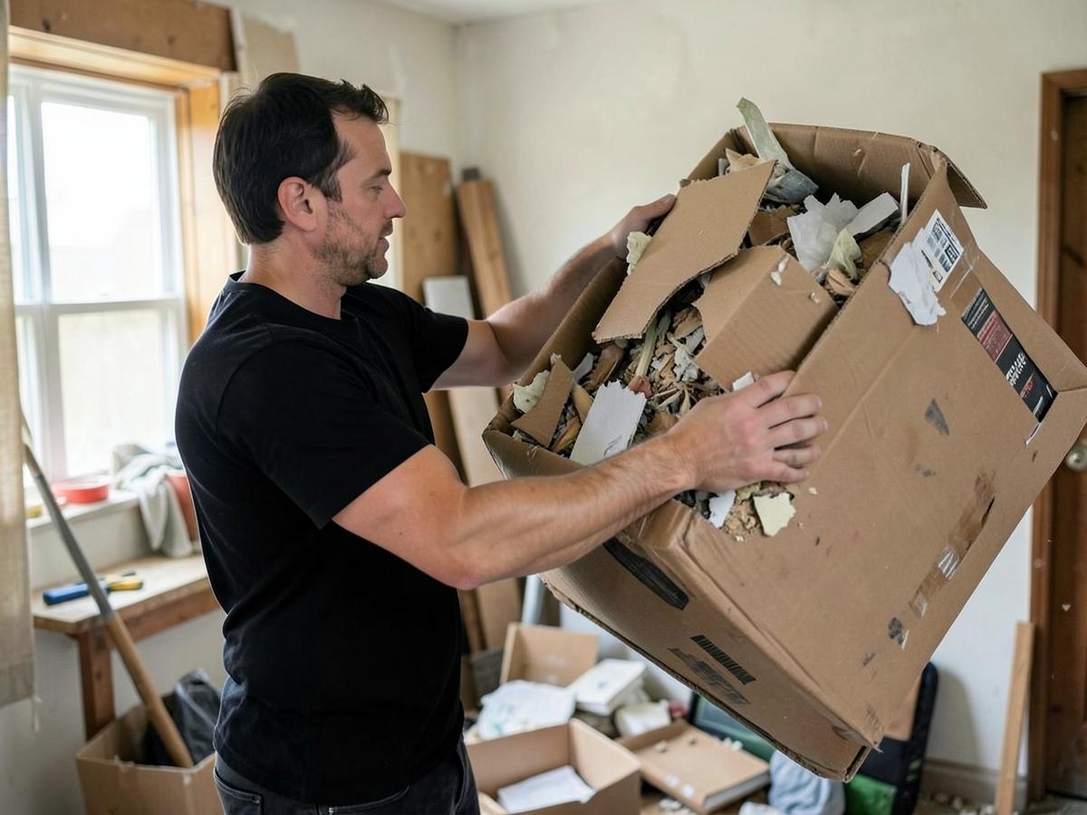 Two crew members lifting a heavy sofa out of a home