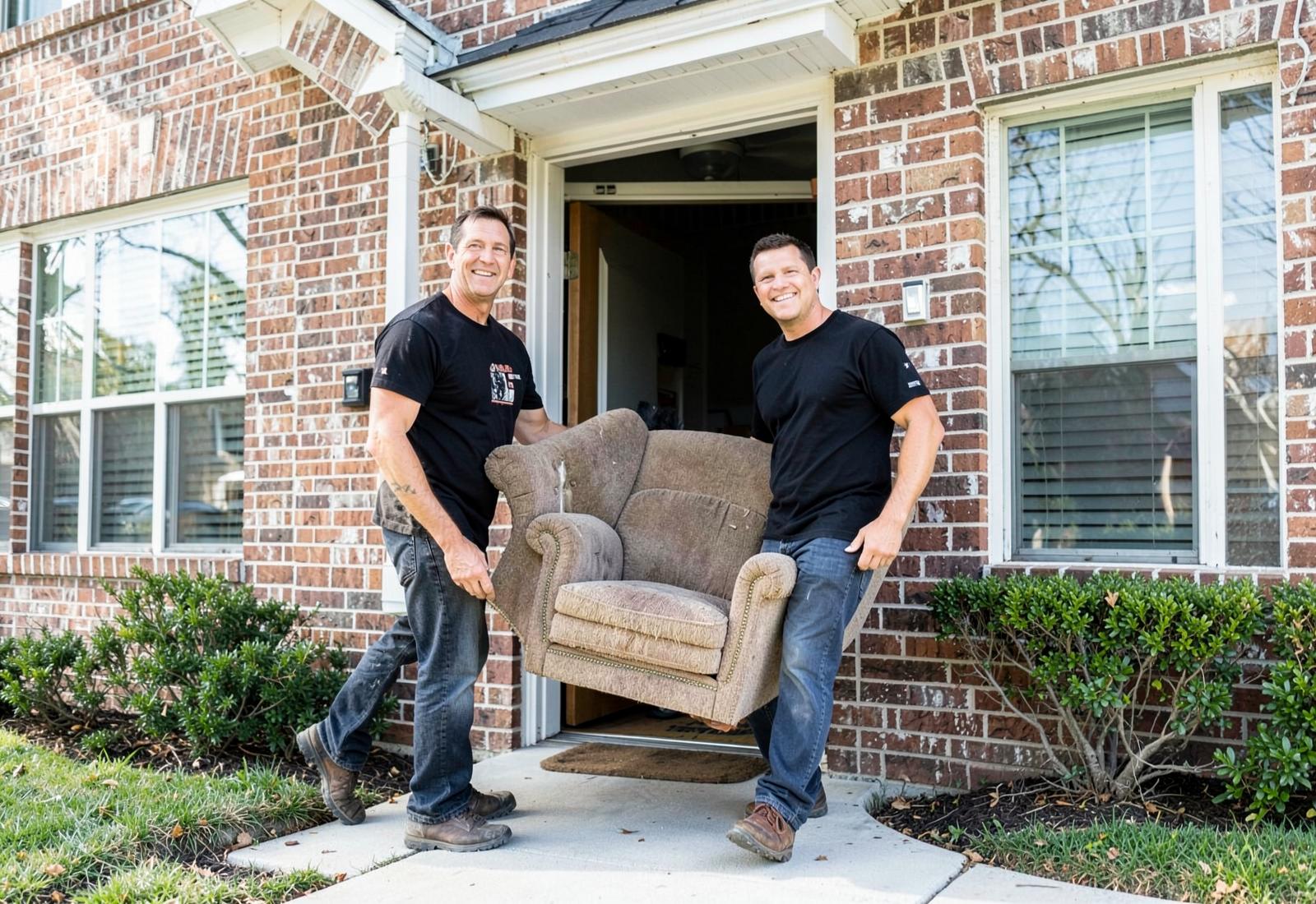 Junk removal crew carrying an old armchair out of a suburban home
